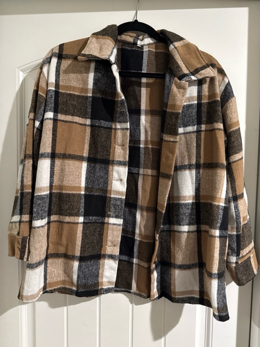 Plaid Button-Up Shacket in Camel, Black & Cream